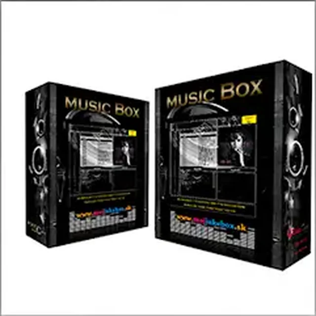 Dve ukážky jukeboxu v čiernom prevedení s hudobnou grafikou